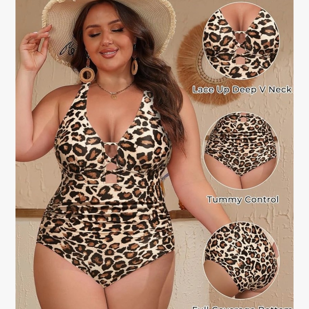 Leopard Print plus size 18w One Piece Swimsuit criss cross back adjustable nwot - Picture 3 of 12